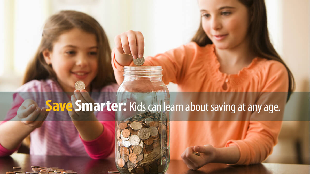 Children find a fun way to save for their future by adding coins to a jar.